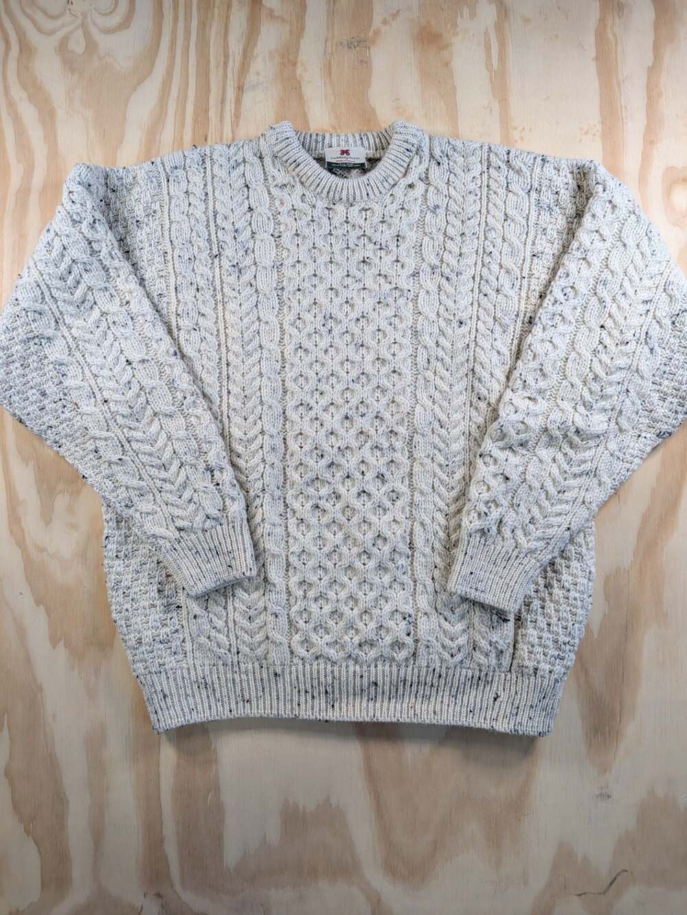 Carraig Donn 100% Pure New Wool Aran Cable Knit Sweater Donegal Fleck Made in Ir
